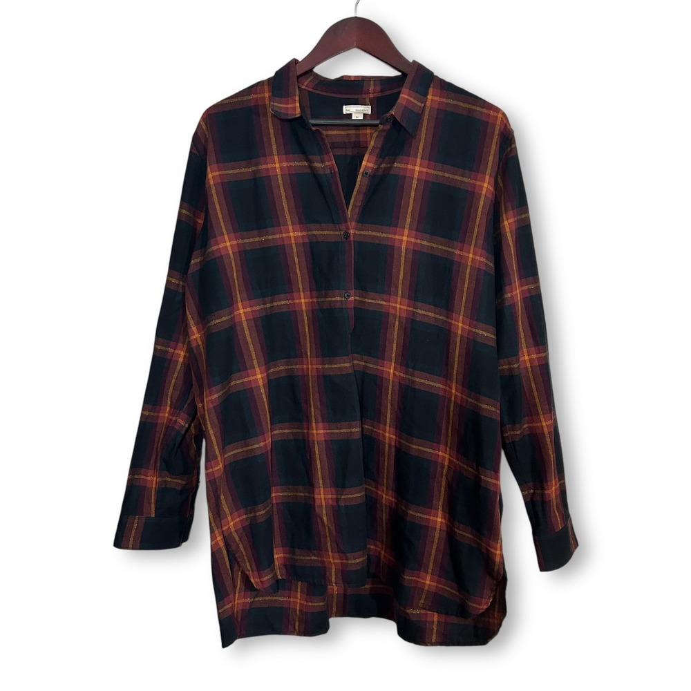 Gap Plaid Button Down Long Sleeve Oversized Tunic Top Relaxed Fit Womens XL